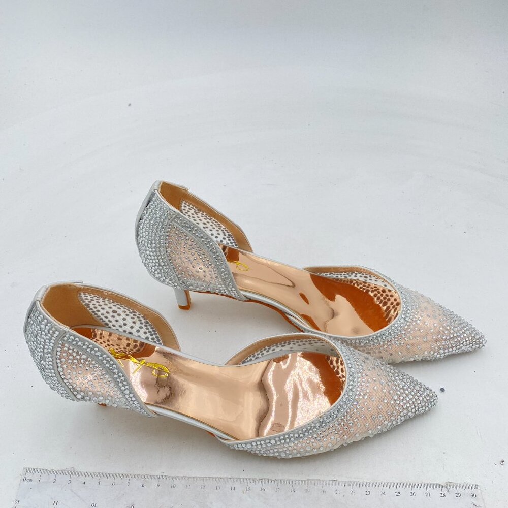 XYD Ivory Mesh Elegant Pointed Toe D'Orsay Kitten Heel Rhinestone Studs Pumps - Picture 4 of 8